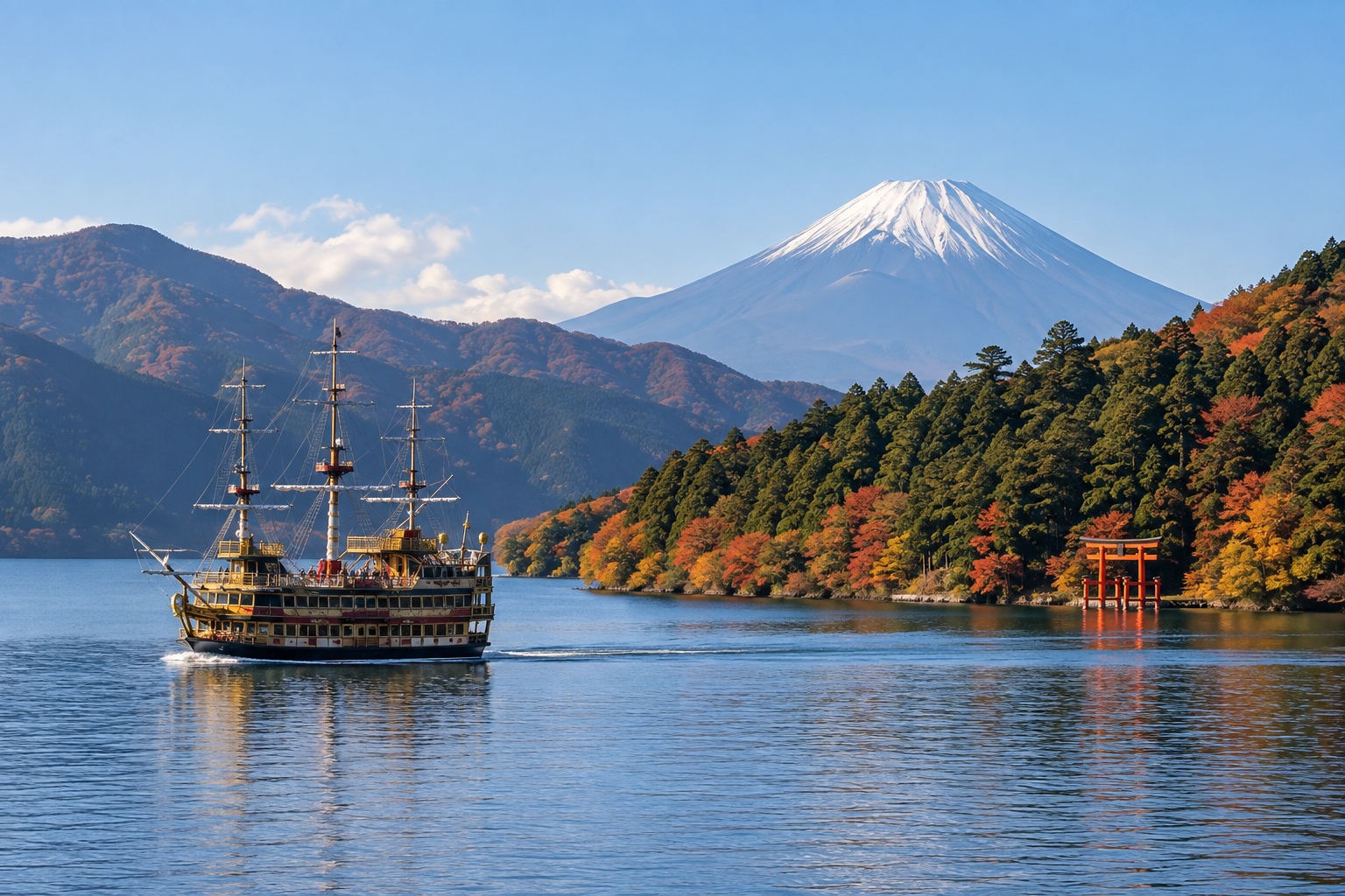 Illustrative sightseeing boat on Lake Ashi with Mount Fuji