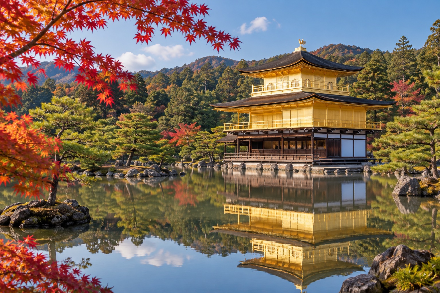 Illustrative view of a Shinkansen travelling through autumn scenery