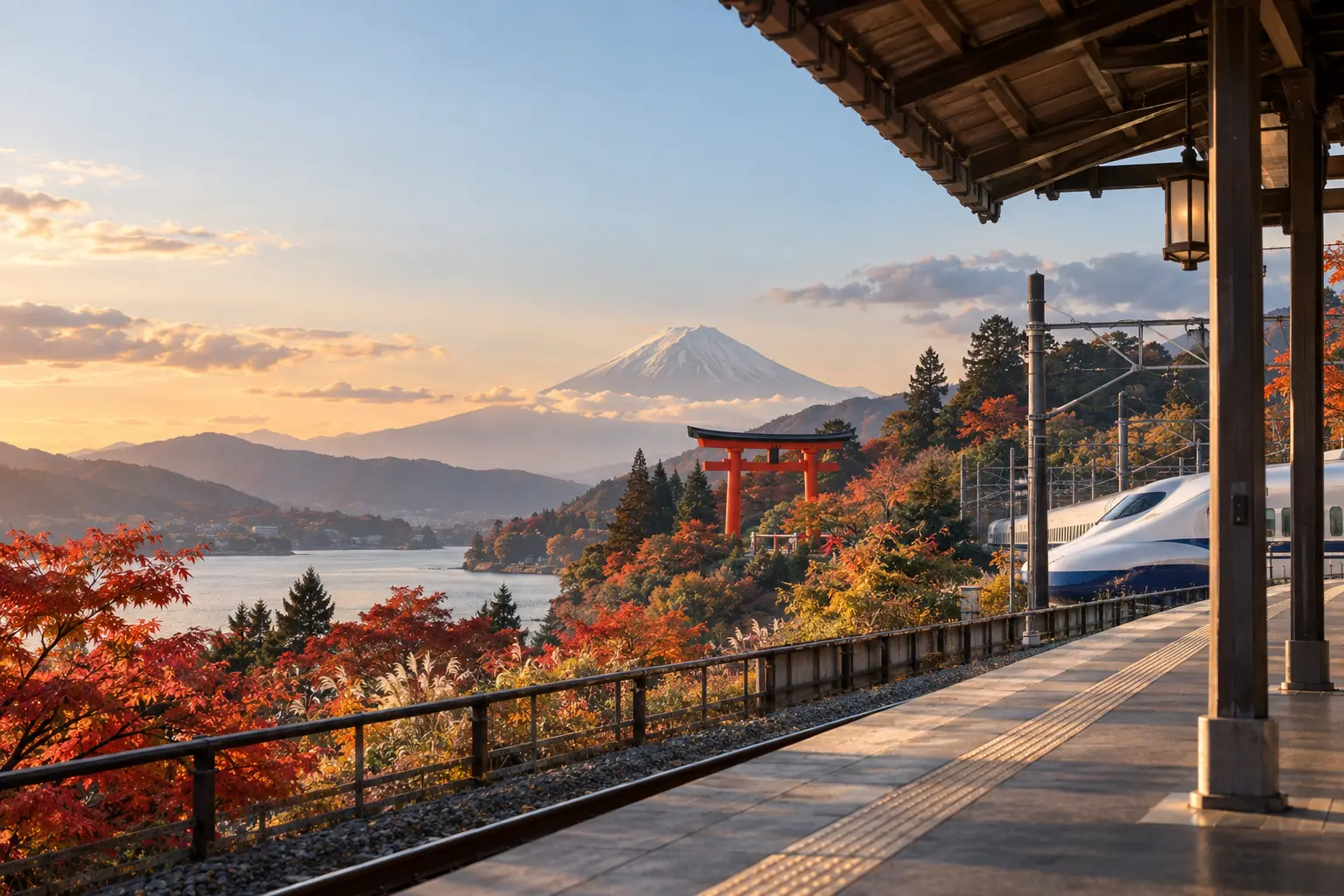 An autumn rail journey with Mount Fuji, a vermilion torii gate and a Shinkansen