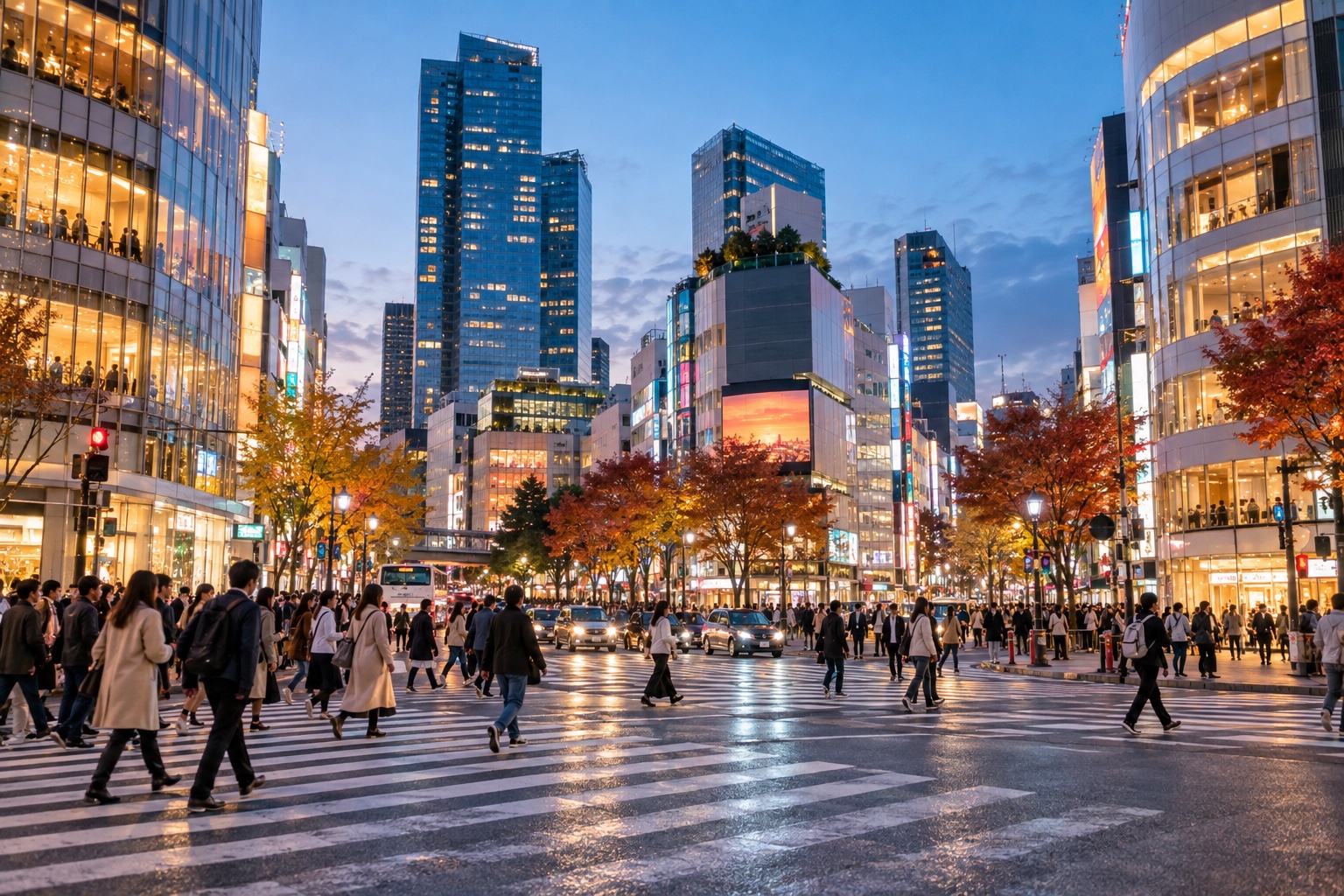 Illustrative autumn Tokyo neighbourhood scene